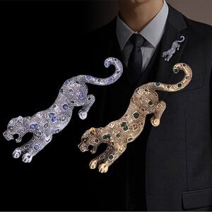 Crystal Rhinestone Cheetah Suit Lapel Pin Badge for Men Accessories Jewelry